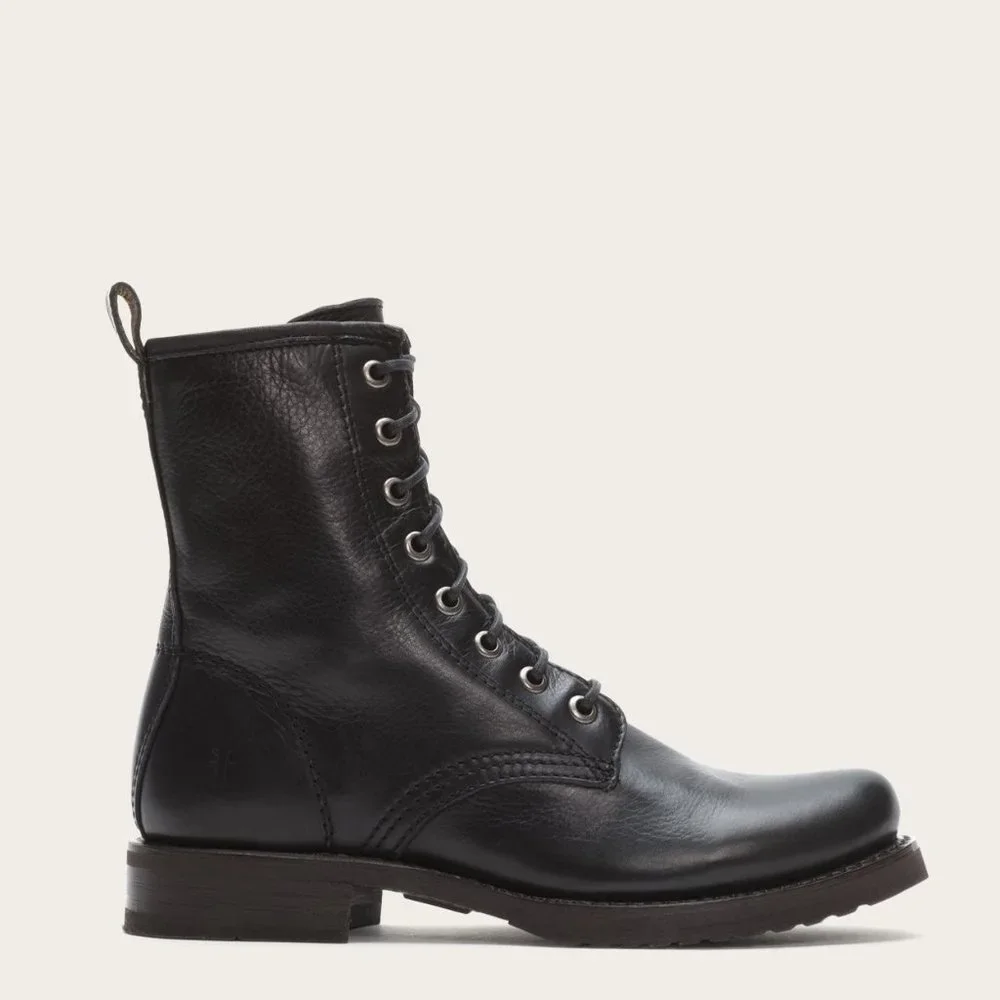 Frye Veronica Combat Black Leather Lace Up Boots - Picture 2 of 16